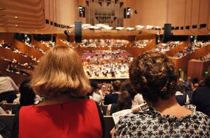Konzertsaal, Blick durch das Publikum auf das Orchester